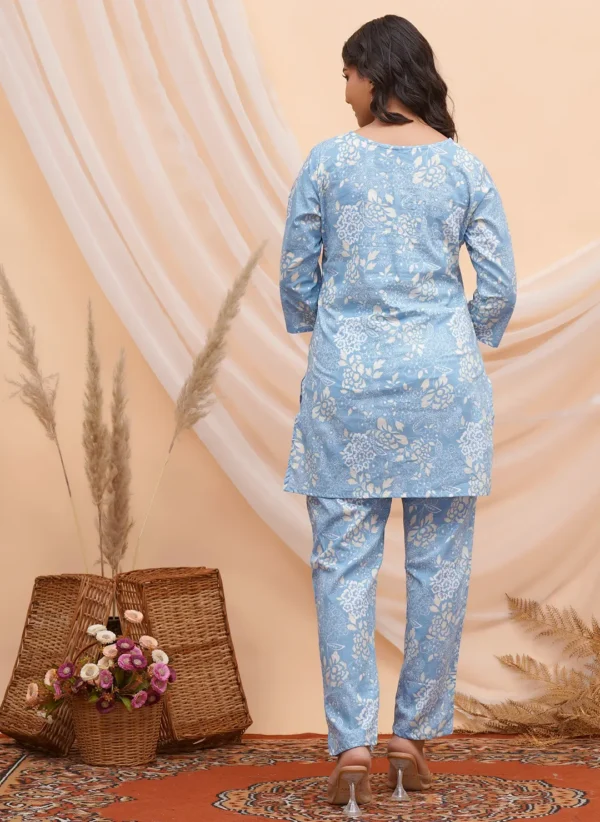Sky-Blue & Cream Sanganeri Floral Block-Print Co-ord Set - Image 2