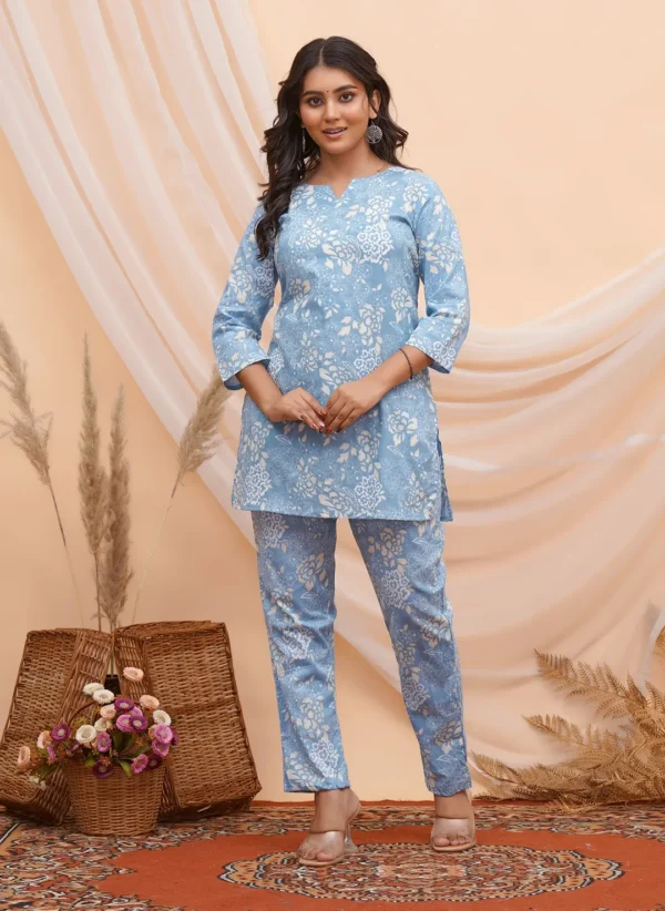 Sky-Blue & Cream Sanganeri Floral Block-Print Co-ord Set