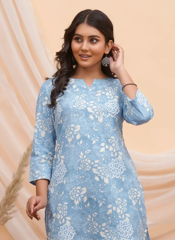 Sky-Blue & Cream Sanganeri Floral Block-Print Co-ord Set - Image 3
