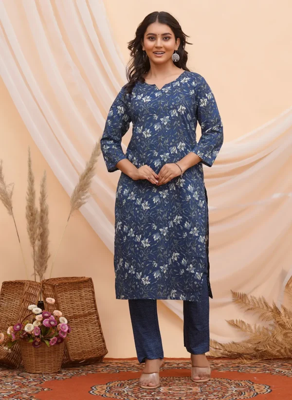 Premium Blue with White Floral Sanganeri Print Cotton Two Piece