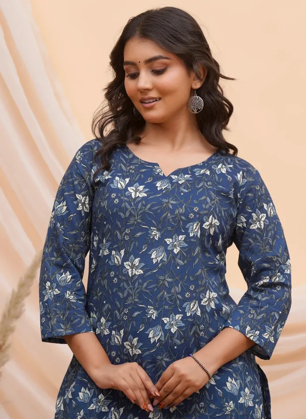 Premium Blue with White Floral Sanganeri Print Cotton Two Piece - Image 3
