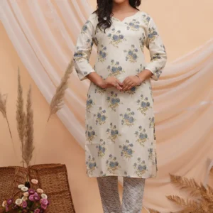 Creamy Off-White Base Print Cotton Two Piece