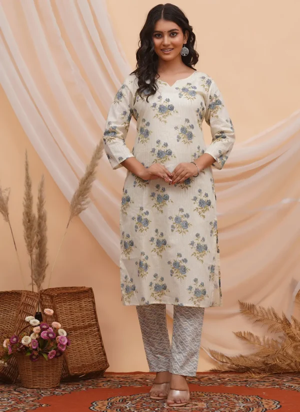 Creamy Off-White Base Print Cotton Two Piece