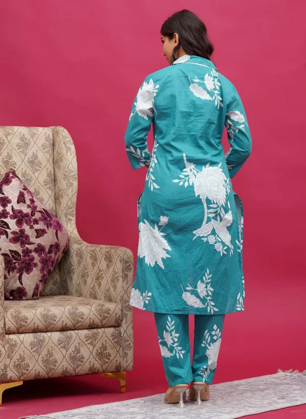 Hand Block Teal Floral Buti Print Long Co-ord Set - Image 2