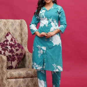 Hand Block Teal Floral Buti Print Long Co-ord Set