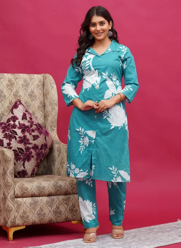 Hand Block Teal Floral Buti Print Long Co-ord Set