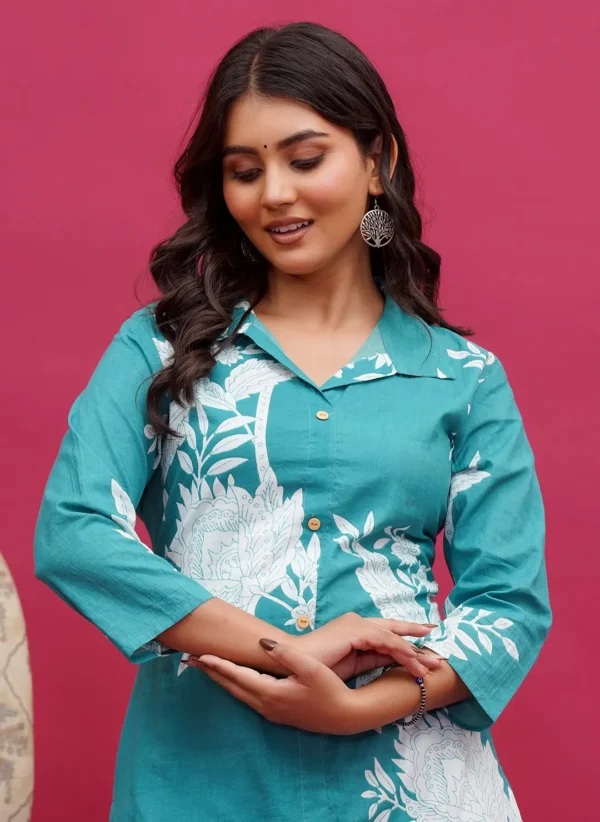 Hand Block Teal Floral Buti Print Long Co-ord Set - Image 3