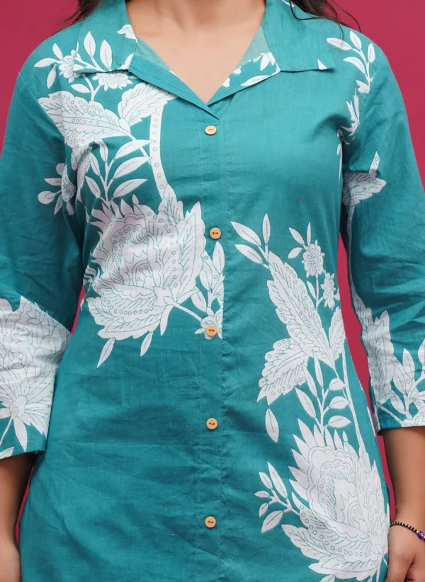 Hand Block Teal Floral Buti Print Long Co-ord Set - Image 4