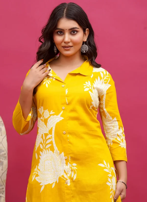 Yellow & White Sanganeri Floral Block-Print Long Co-ord Set
