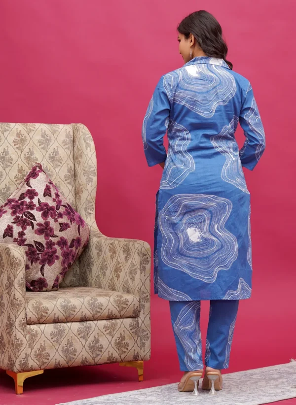 Blue & White Abstract Swirl Print Long Co-ord Set - Image 3