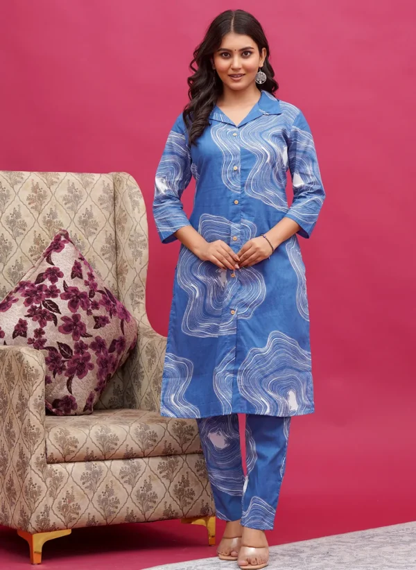 Blue & White Abstract Swirl Print Long Co-ord Set - Image 2