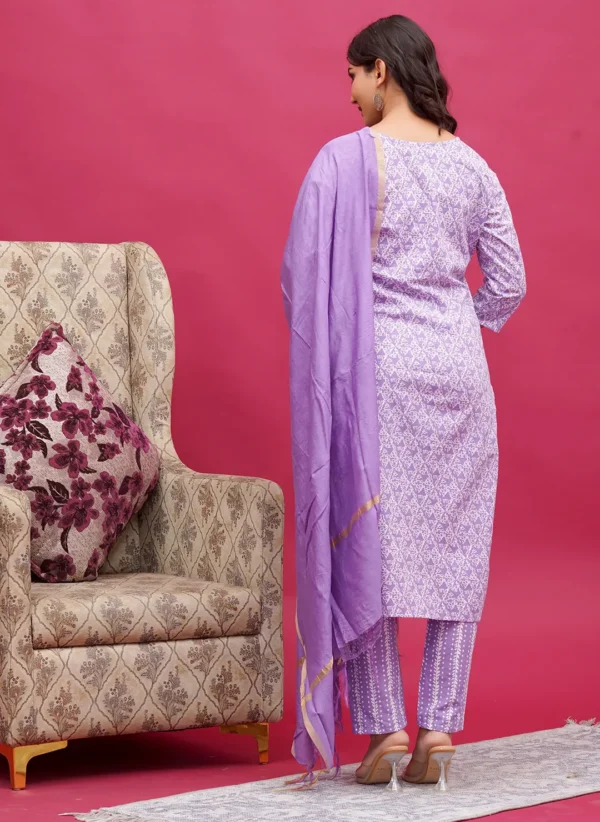 Lavender Jaal Print Cotton Three Piece - Image 2