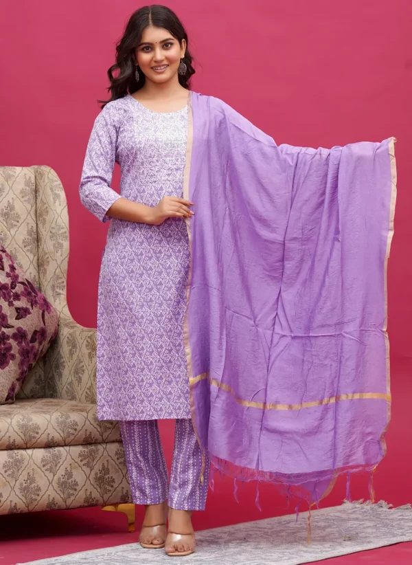 Lavender Jaal Print Cotton Three Piece