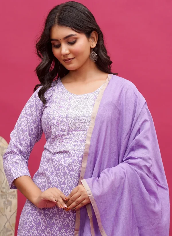 Lavender Jaal Print Cotton Three Piece - Image 3