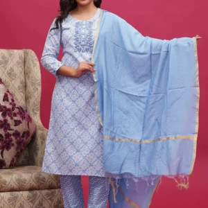 Deep Indigo Blue Cotton Three Piece