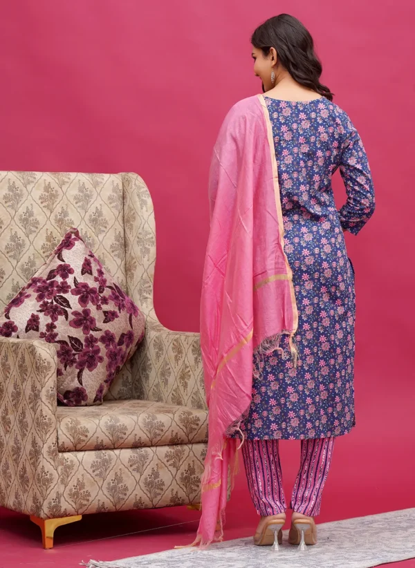 Blue Background with Pink Floral Motifs Cotton Three Piece - Image 3