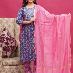 Blue Background with Pink Floral Motifs Cotton Three Piece