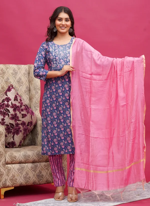 Blue Background with Pink Floral Motifs Cotton Three Piece