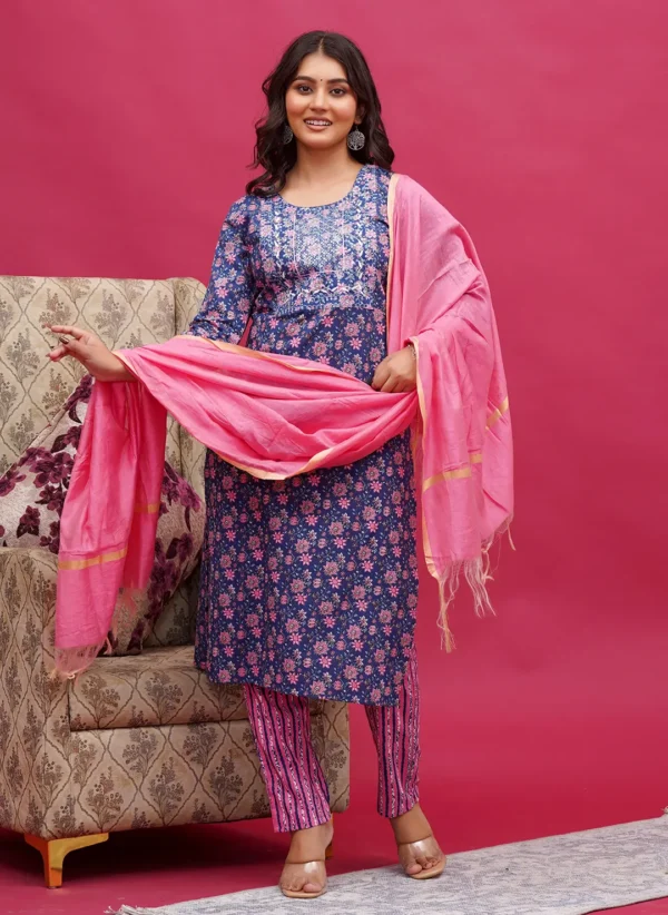 Blue Background with Pink Floral Motifs Cotton Three Piece - Image 2
