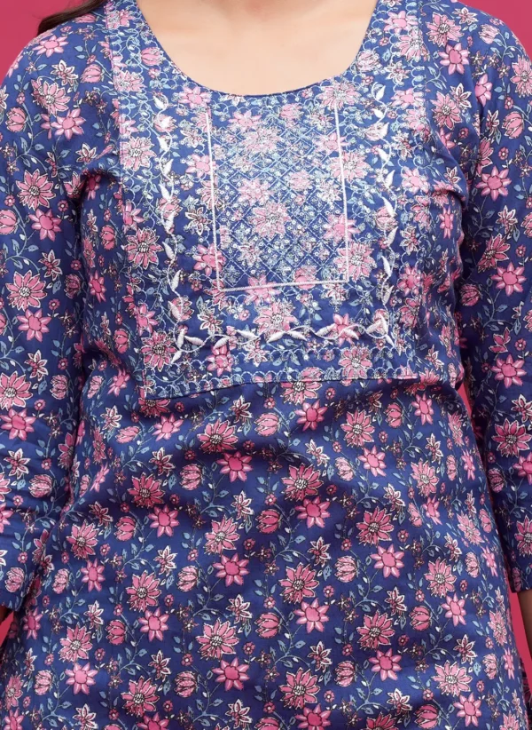 Blue Background with Pink Floral Motifs Cotton Three Piece - Image 4