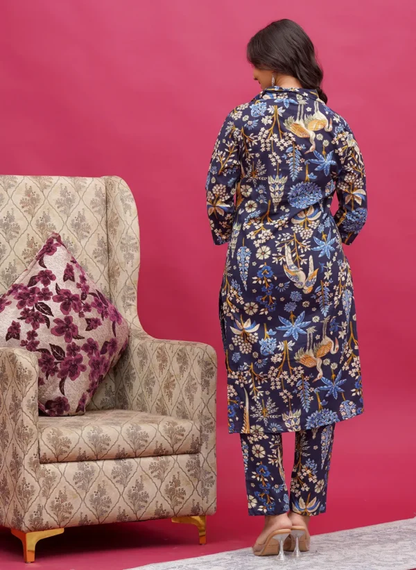 Navy Cotton Hand Block Bird & Floral Print Long Co-ord Set - Image 2