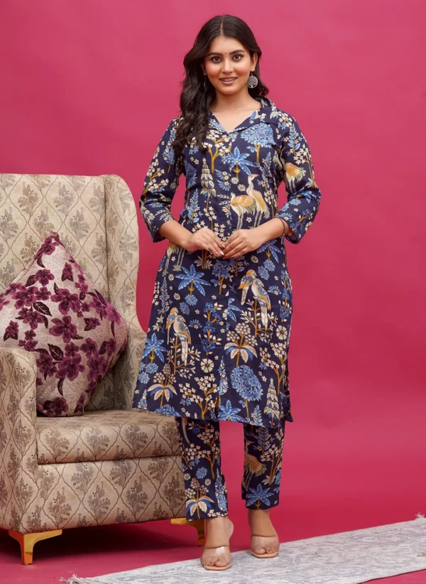 Navy Cotton Hand Block Bird & Floral Print Long Co-ord Set