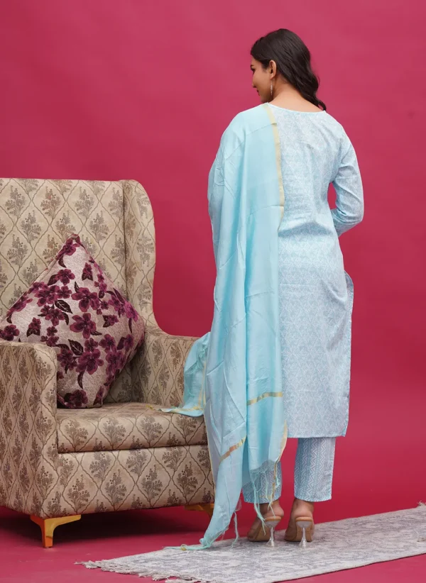 Light Blue with White Print Cotton Three Piece - Image 2