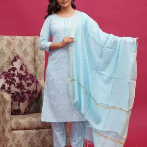 Light Blue with White Print Cotton Three Piece