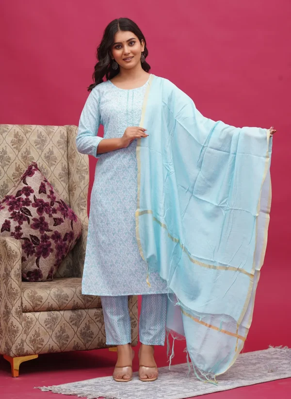 Light Blue with White Print Cotton Three Piece
