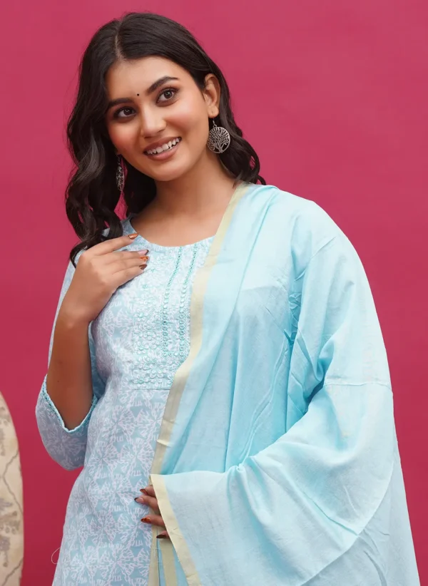 Light Blue with White Print Cotton Three Piece - Image 3