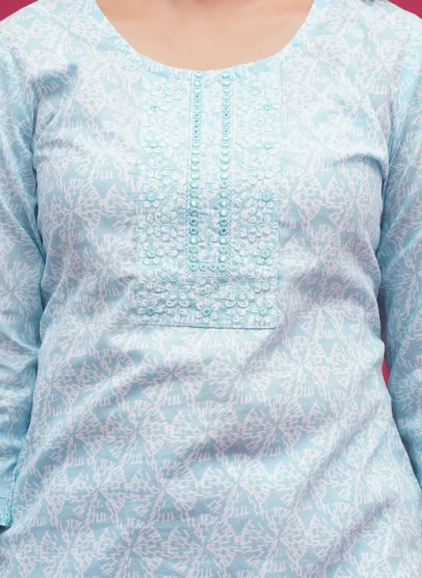 Light Blue with White Print Cotton Three Piece - Image 4