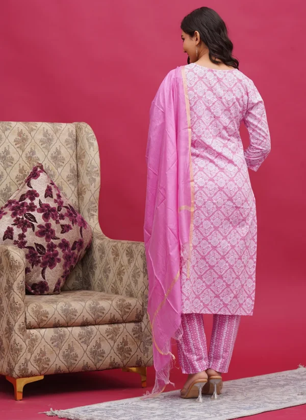 Pink Floral Sanganeri Hand Block Print Cotton Three Piece - Image 2