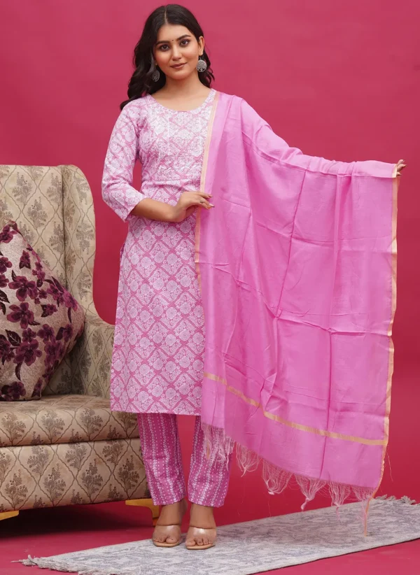 Pink Floral Sanganeri Hand Block Print Cotton Three Piece