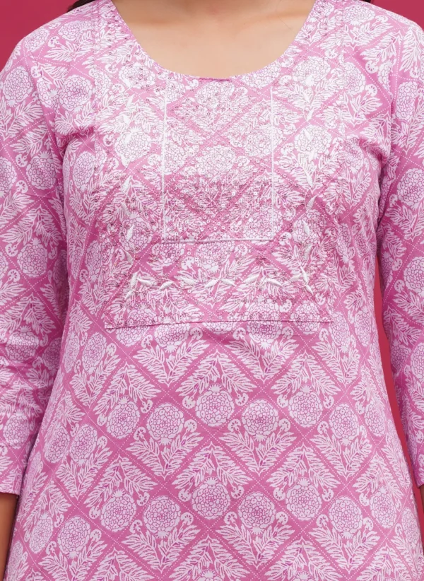 Pink Floral Sanganeri Hand Block Print Cotton Three Piece - Image 4